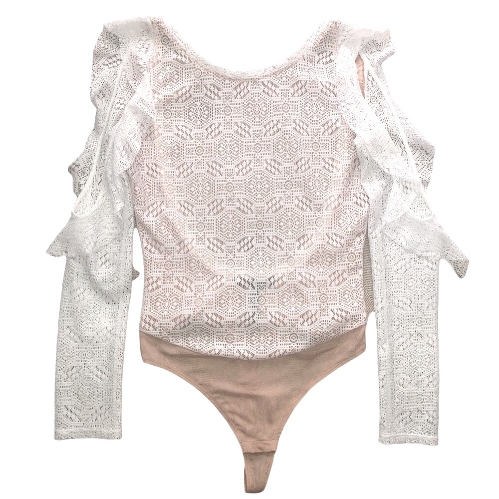 BCBG MaxAzria Annabella White Lace Open Back Bodysuit Size Small